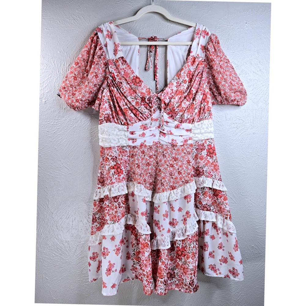 Arula Floral Lace Tiered Dress Size 1X Puff Sleeve Patchwork Cottagecore Boho - Picture 1 of 10